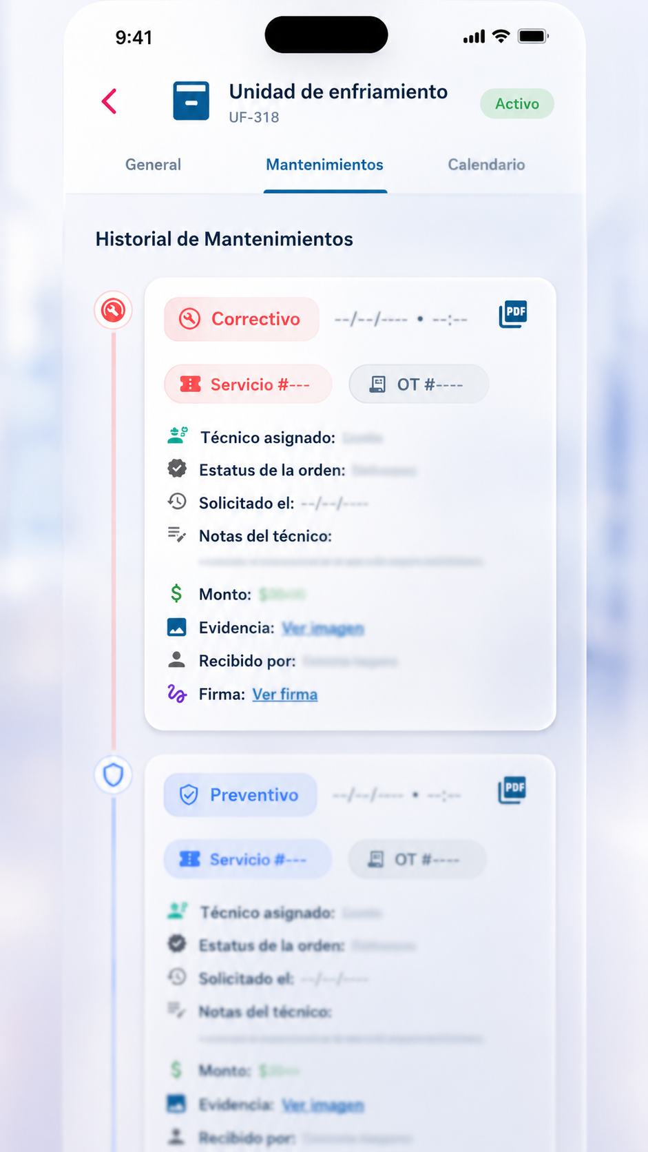 Historial de mantenimientos por activo en XelMaint