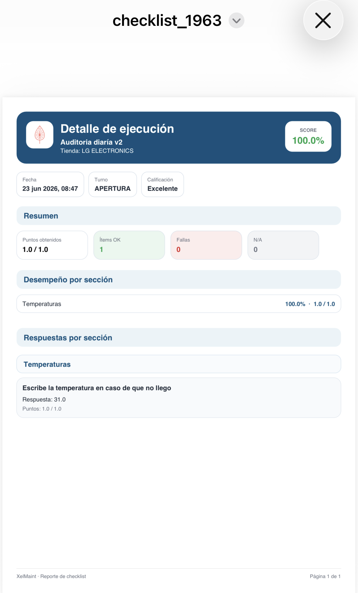Reporte PDF de checklist operativo en XelMaint