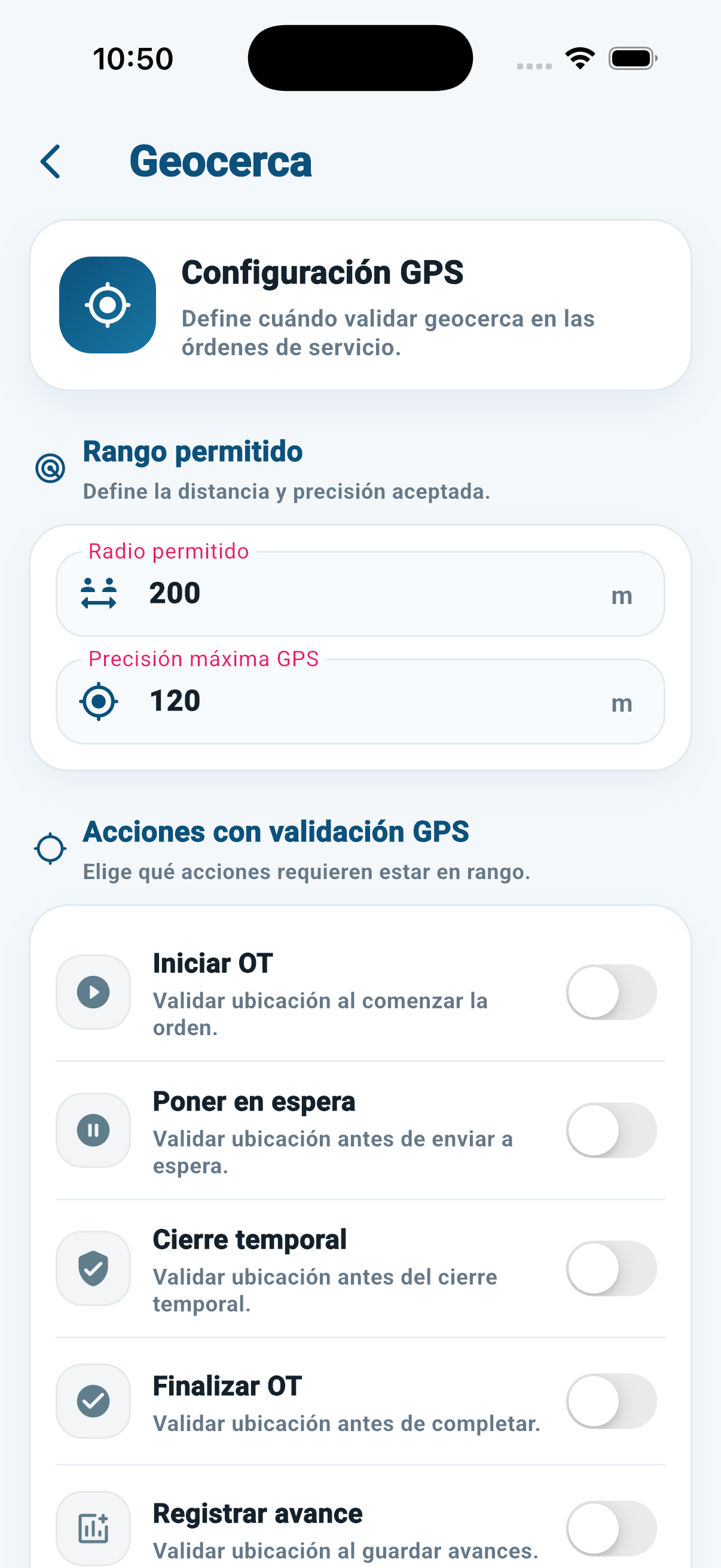 Reglas GPS de geocerca en XelMaint