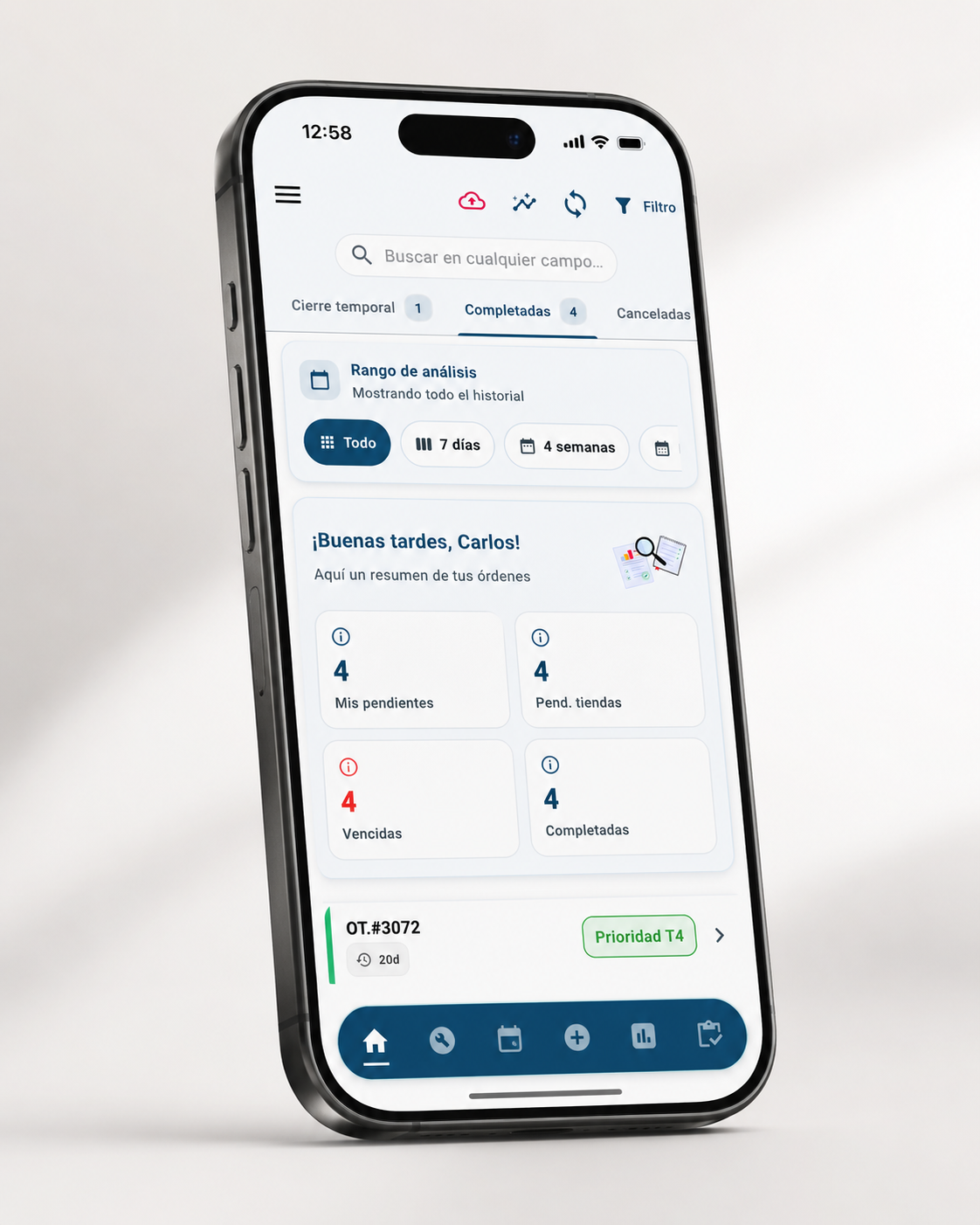 XelMaint App — Centro de notificaciones con órdenes, checklists y alertas