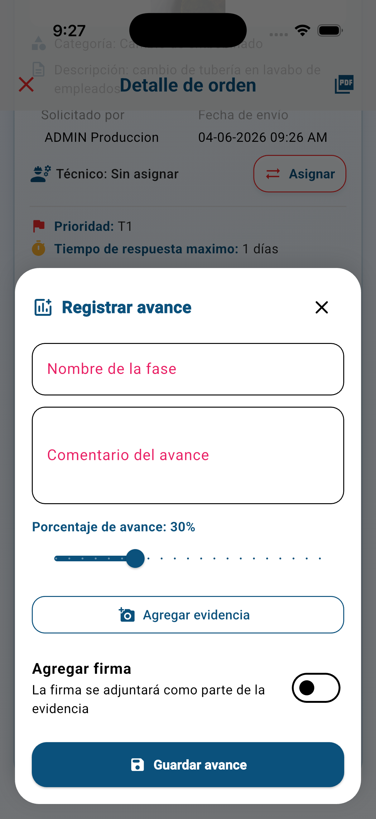 Registro de avances para mantenimiento preventivo y correctivo