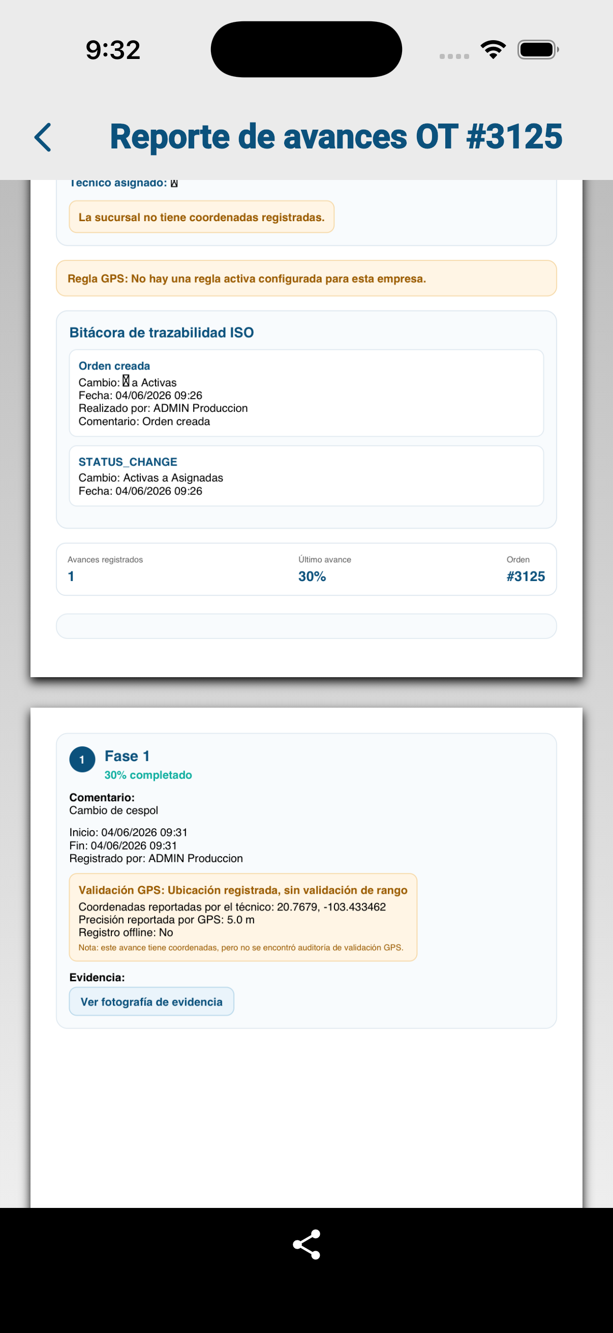 Reporte de mantenimiento y evidencia documental